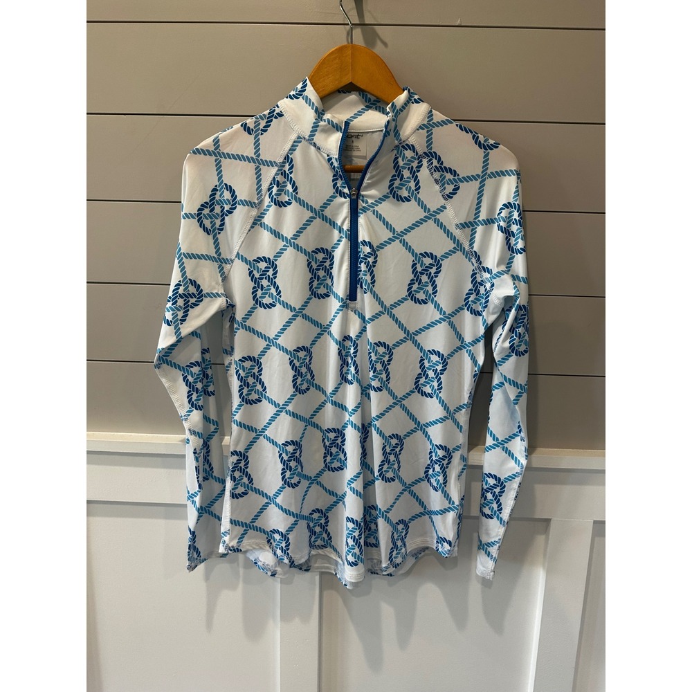 Jofit Womens Small White Blue Nautical Rope Knot Print Quarter Zip Golf Top